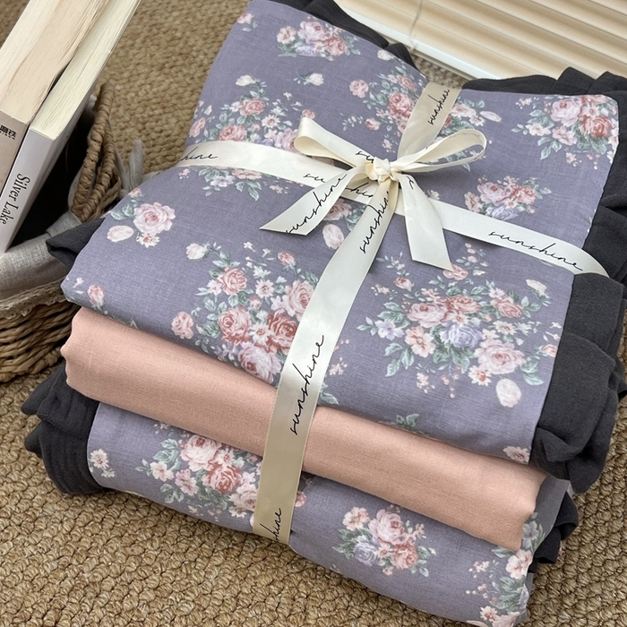 91家纺网 家纺一手货源 找家纺 荣轩 2024新款全棉印花双层纱四件套 皱皱纱花边款 知鸢