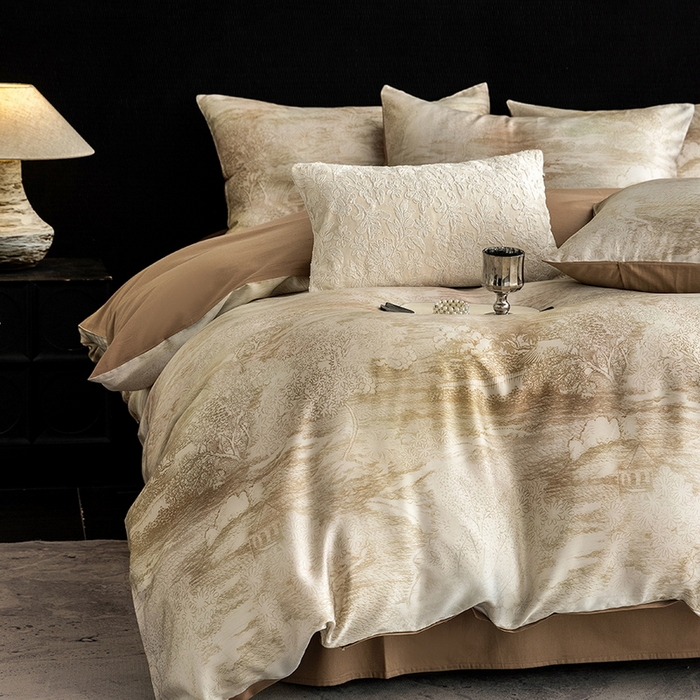 91家纺网 家纺一手货源 找家纺 立奥被业 2025新款60S数码印花四件套四件套 墨屿-咖