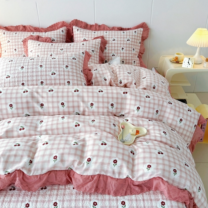 91家纺网 家纺一手货源 找家纺 添越 2024新款纯棉砂洗床盖沁心花语