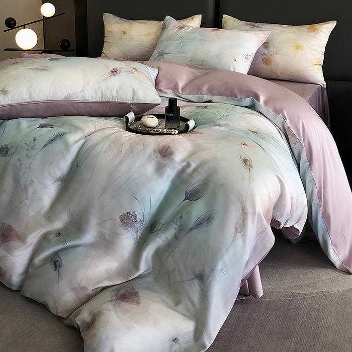 91家纺网 家纺一手货源 找家纺 立奥被业 2025年新款100%兰精天丝四件套天丝数码印花四件套 水仙紫