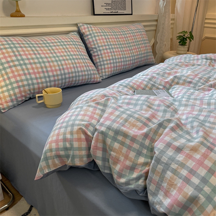 91家纺网 家纺一手货源 找家纺 盛秋家纺 2025新款水洗棉格子系列四件套 朵拉+海清