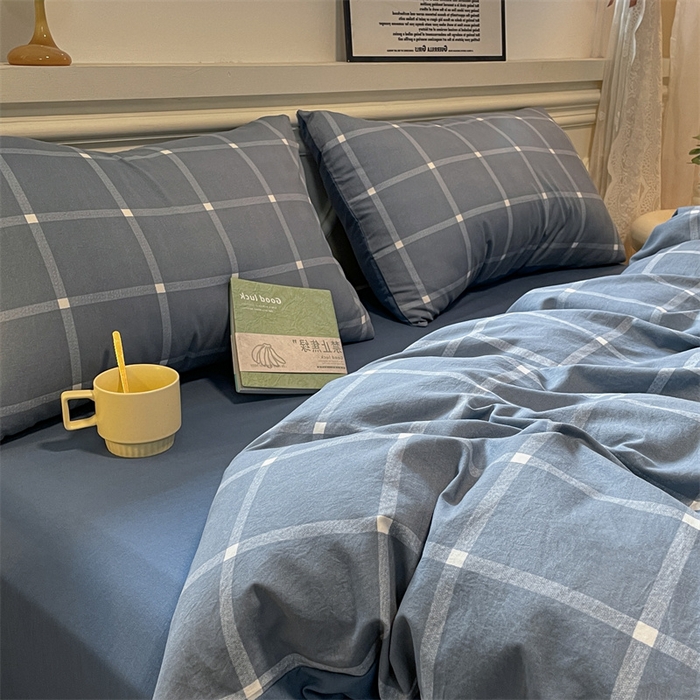 91家纺网 家纺一手货源 找家纺 盛秋家纺 2025新款水洗棉格子系列四件套 灰大格+蓝灰