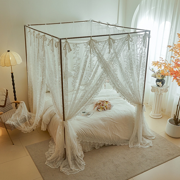 91家纺网 家纺一手货源 找家纺 2025新款浪漫落地蕾丝花边蚊帐905提花系带系列 905玫瑰庄园-奶油白