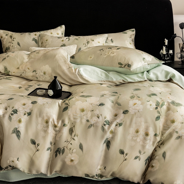 91家纺网 家纺一手货源 找家纺 立奥被业 2025年新款100%兰精天丝四件套天丝数码印花四件套 木兰花-绿