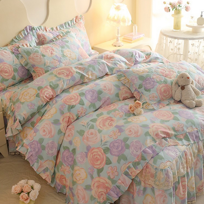 91家纺网 家纺一手货源 找家纺 美达家纺 2025新款全棉印花床裙四件套 花幽兰-绿