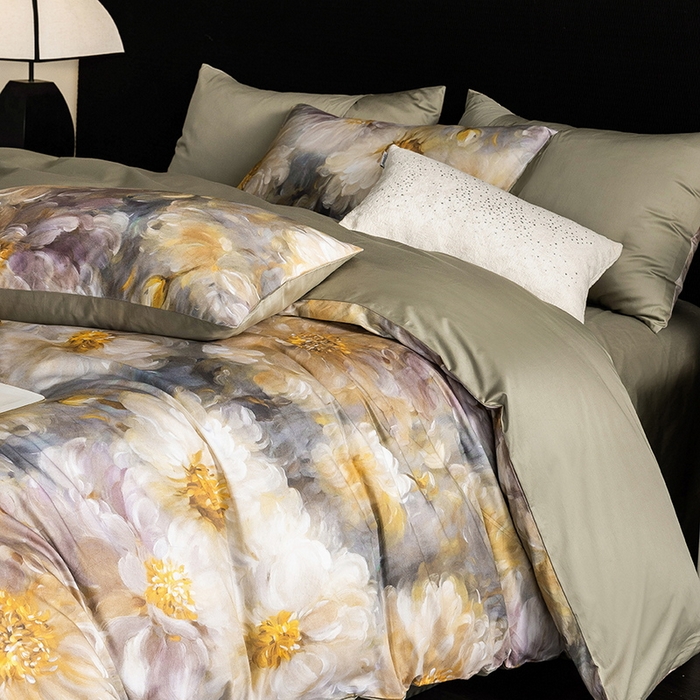 91家纺网 家纺一手货源 找家纺 立奥被业 2025新款60S数码印花四件套四件套 秋菊绿