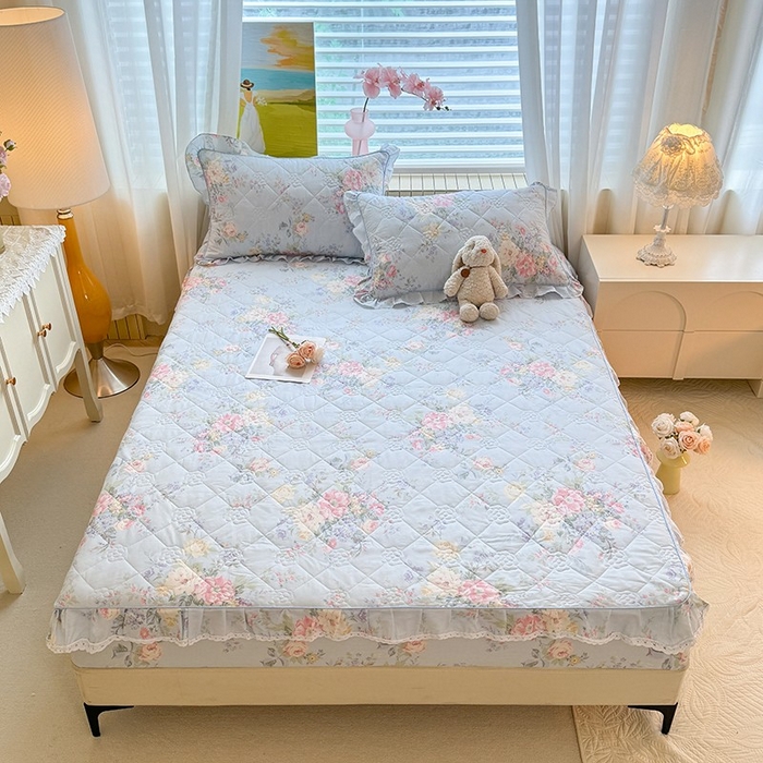 91家纺网 家纺一手货源 找家纺 美达家纺 2025新款全棉印花夹棉床笠 栀夏海棠-蓝