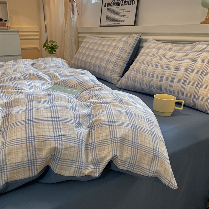 91家纺网 家纺一手货源 找家纺 盛秋家纺 2025新款水洗棉格子系列四件套 博克+蓝灰