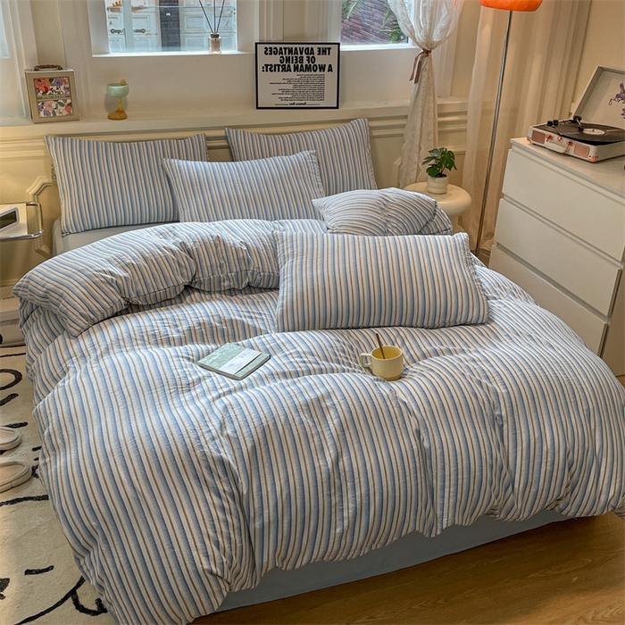 91家纺网 家纺一手货源 找家纺 盛秋家纺 2025新款水洗棉格子系列四件套蓝苏条+天空蓝