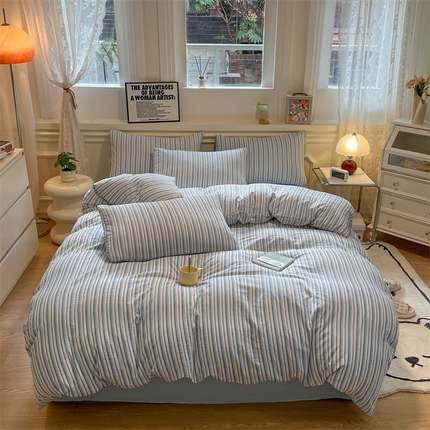 91家纺网 家纺一手货源 找家纺 盛秋家纺 2025新款水洗棉格子系列四件套蓝苏条+天空蓝