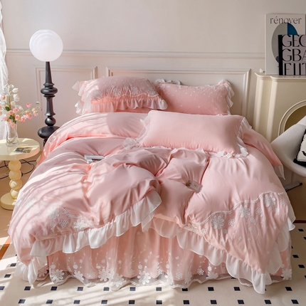 睡美人  2025新款韩版全锦棉糯糯棉蕾丝款公主风双层花边四件套 花舞-蜜桃粉