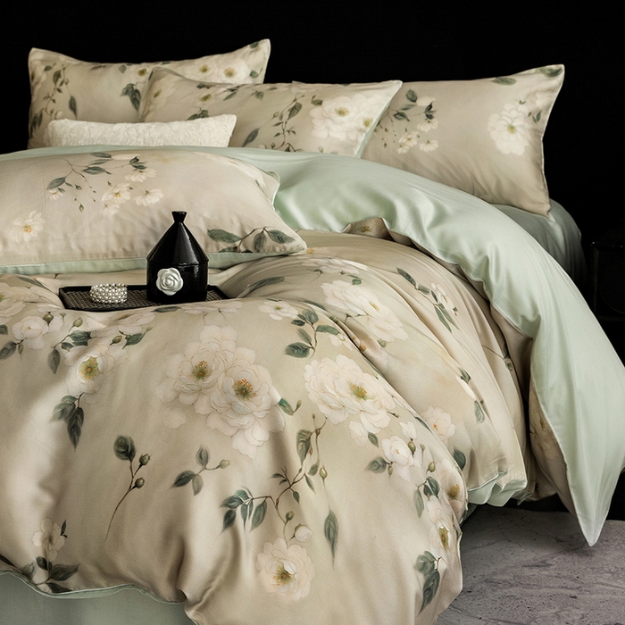 91家纺网 家纺一手货源 找家纺 立奥被业 2025年新款100%兰精天丝四件套天丝数码印花四件套 木兰花-绿