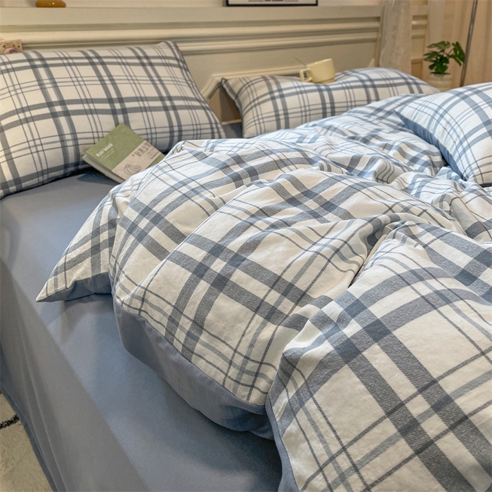 91家纺网 家纺一手货源 找家纺 盛秋家纺 2025新款水洗棉格子系列四件套 简约+海清