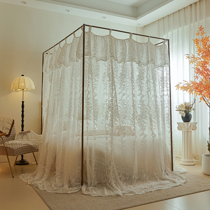 91家纺网 家纺一手货源 找家纺 都市缘蚊帐 2025新款A902穿杆落地宫廷蚊帐烤漆支架款 902玫瑰庄园-奶油白