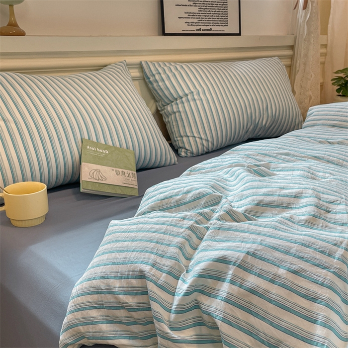 91家纺网 家纺一手货源 找家纺 盛秋家纺 2025新款水洗棉格子系列四件套莫拉绿+海清