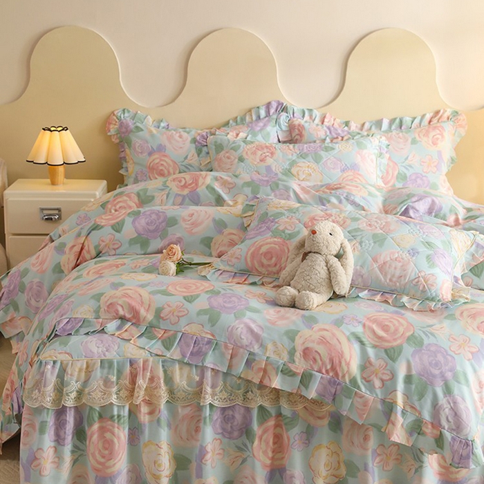 91家纺网 家纺一手货源 找家纺 美达家纺 2025新款全棉印花床裙四件套 花幽兰-绿