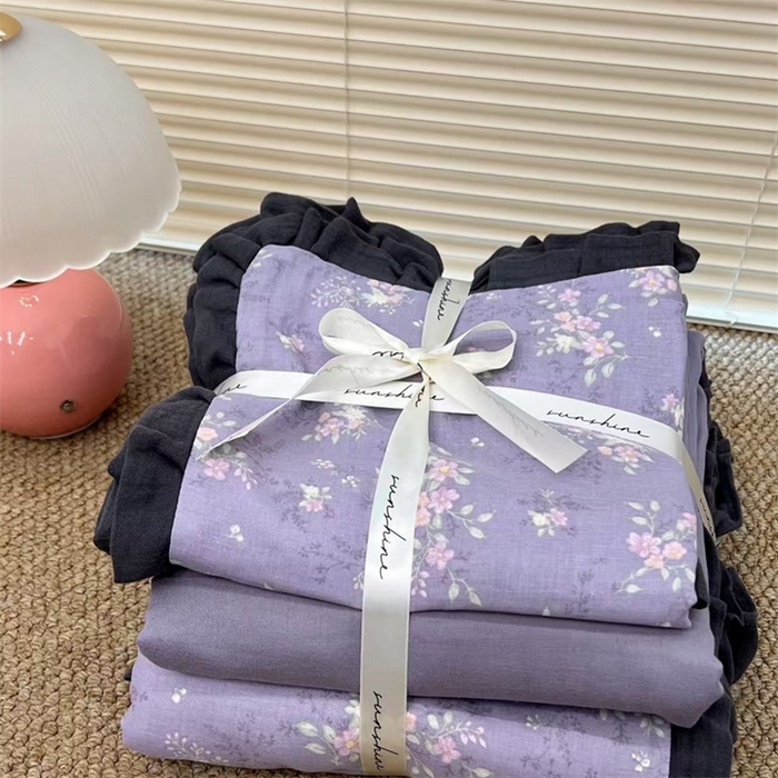 91家纺网 家纺一手货源 找家纺 荣轩 2024新款全棉印花双层纱四件套 皱皱纱花边款 闻汐