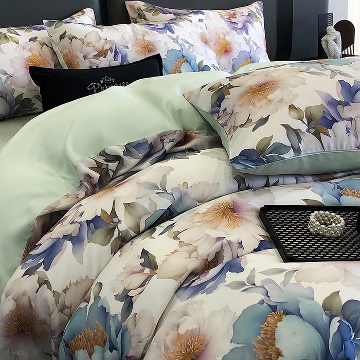 91家纺网 家纺一手货源 找家纺 立奥被业 2025年新款100%兰精天丝四件套天丝数码印花四件套 牡丹绿