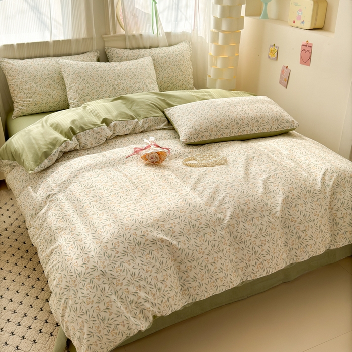 91家纺网 家纺一手货源 找家纺 清雅福 2025全棉13372小清新四件套和单被套早春系列第二批--四件套 绿茵