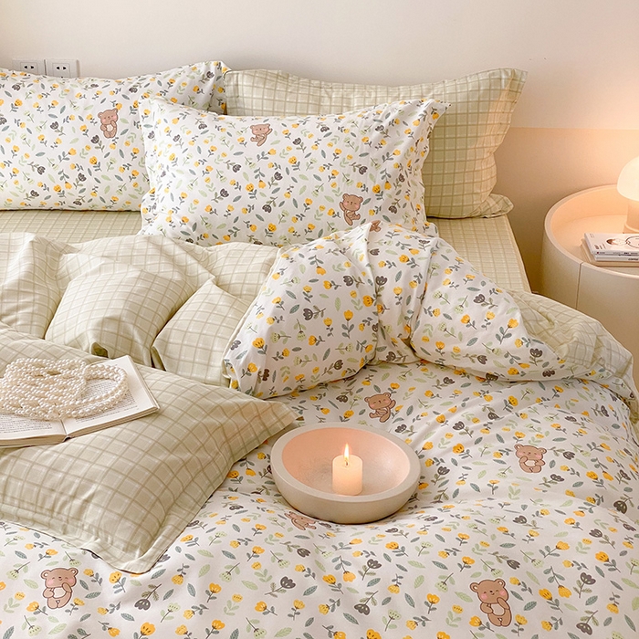 91家纺网 家纺一手货源 找家纺 帅露 2025开春新品全棉喷气13070小清新印花纯棉全棉四件套 朵朵熊