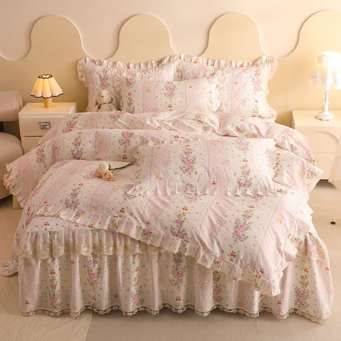 91家纺网 家纺一手货源 找家纺 美达家纺 2025新款全棉印花床裙四件套 少女心结