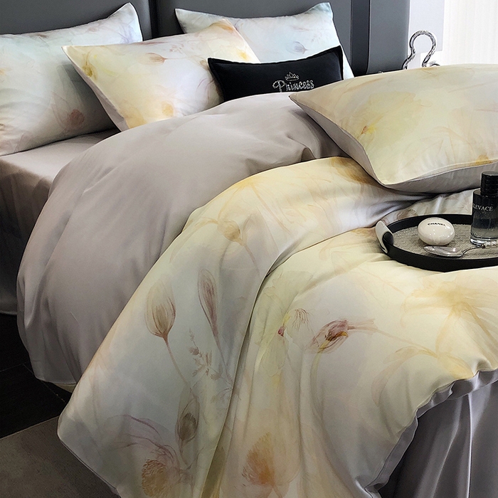 91家纺网 家纺一手货源 找家纺 立奥被业 2025年新款100%兰精天丝四件套天丝数码印花四件套 水仙灰