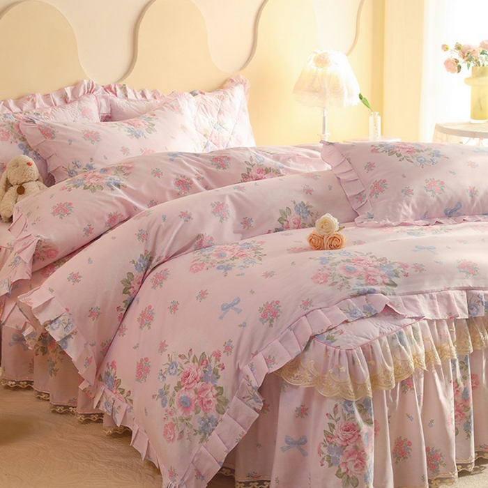 91家纺网 家纺一手货源 找家纺 美达家纺 2025新款全棉印花床裙四件套 夏花依旧