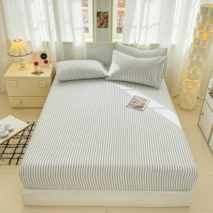 91家纺网 家纺一手货源 找家纺 眠博士2025新款 全棉双层纱 单床笠 双层纱床笠-白蓝条