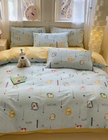 91家纺网 家纺一手货源 找家纺 清雅福 2025全棉13372小清新四件套和单被套早春系列第二批--四件套 旺柴犬·蓝