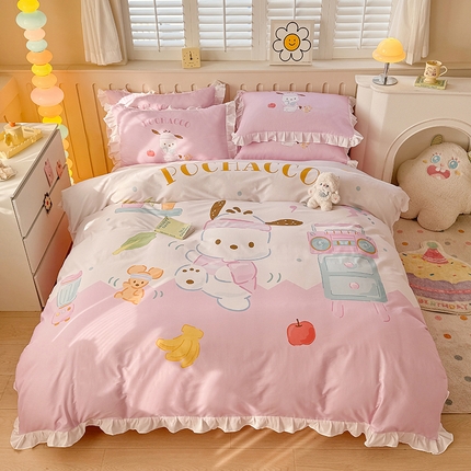 玉元坊 2025新款三丽鸥系列数码印花纯棉全棉床裙三件套四件套-花边款 花边款-活力帕恰狗