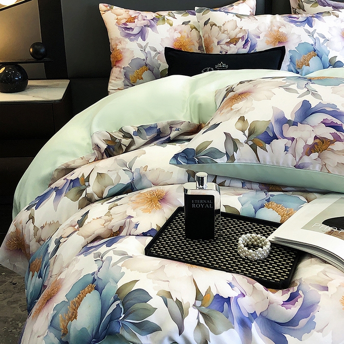 91家纺网 家纺一手货源 找家纺 立奥被业 2025年新款100%兰精天丝四件套天丝数码印花四件套 牡丹绿