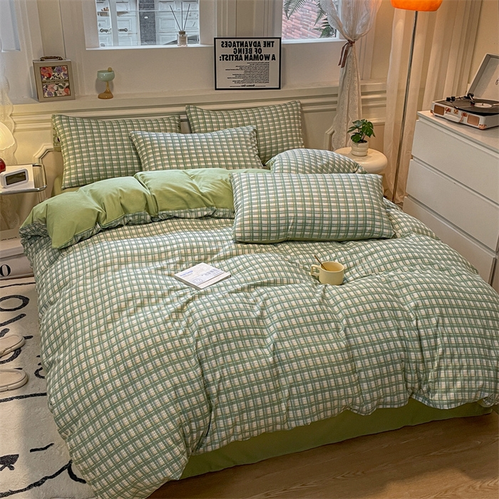 91家纺网 家纺一手货源 找家纺 盛秋家纺 2025新款水洗棉格子系列四件套 抹茶+果绿