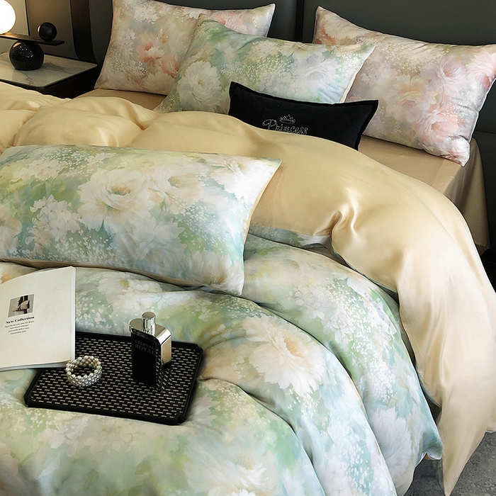 91家纺网 家纺一手货源 找家纺 立奥被业 2025年新款100%兰精天丝四件套天丝数码印花四件套 蜜合金