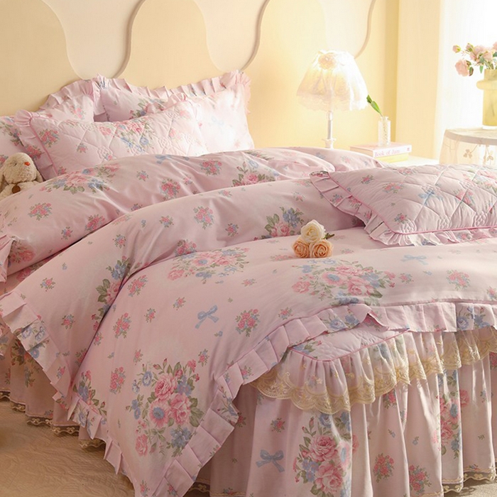 91家纺网 家纺一手货源 找家纺 美达家纺 2025新款全棉印花床裙四件套 夏花依旧