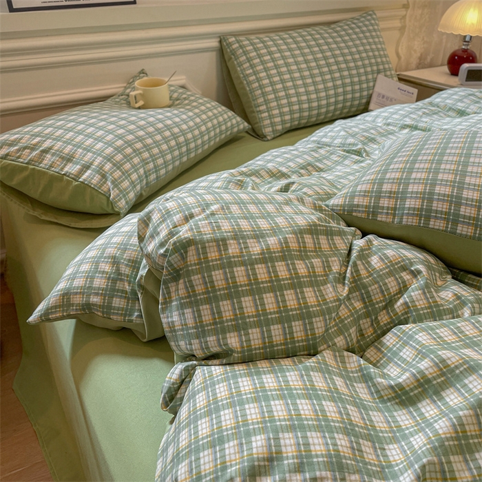 91家纺网 家纺一手货源 找家纺 盛秋家纺 2025新款水洗棉格子系列四件套 抹茶+果绿