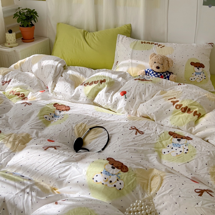 91家纺网 家纺一手货源 找家纺 仟人梦 2025新款水洗棉印花四件套 快乐狗狗