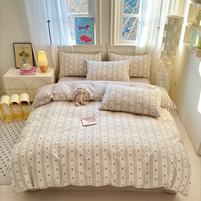 91家纺网 家纺一手货源 找家纺 清雅福 2025全棉13372小清新四件套和单被套早春系列第二批--四件套 北欧熊