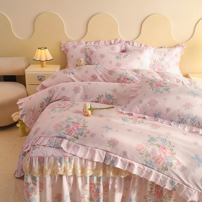 91家纺网 家纺一手货源 找家纺 美达家纺 2025新款全棉印花床裙四件套 夏花依旧