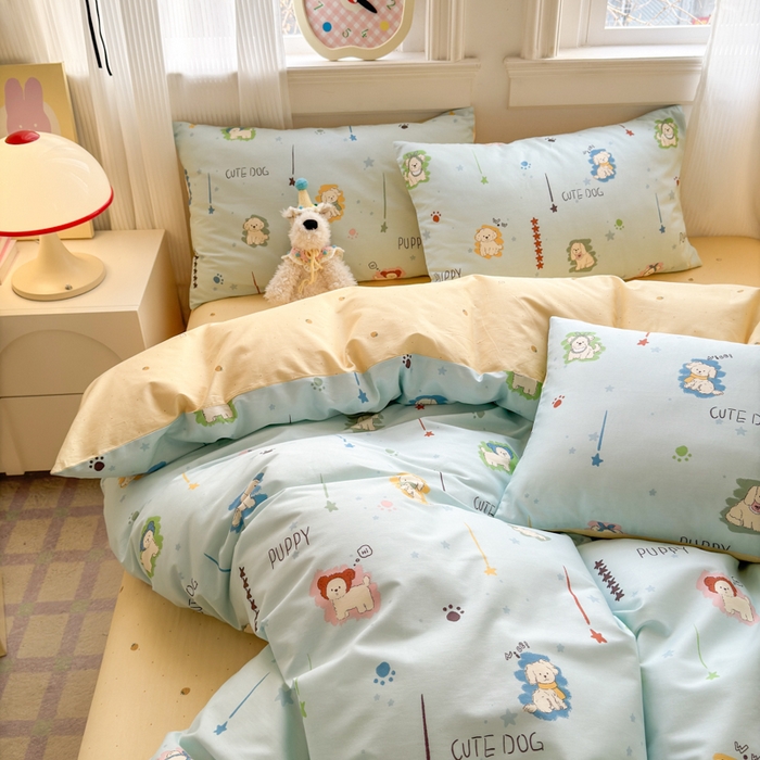 91家纺网 家纺一手货源 找家纺 清雅福 2025全棉13372小清新四件套和单被套早春系列第二批--四件套 旺柴犬·蓝