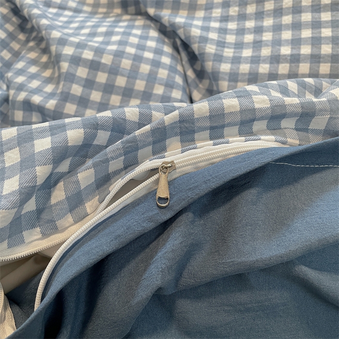 91家纺网 家纺一手货源 找家纺 盛秋家纺 2025新款水洗棉格子系列四件套 蓝小格+蓝灰