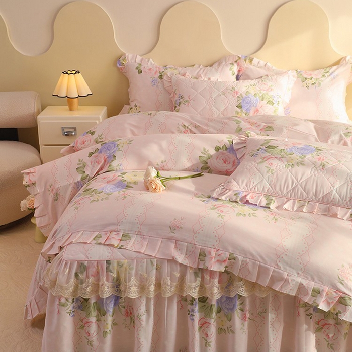 91家纺网 家纺一手货源 找家纺 美达家纺 2025新款全棉印花床裙四件套 绮梦花源