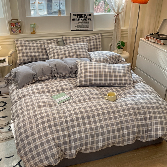 91家纺网 家纺一手货源 找家纺 盛秋家纺 2025新款水洗棉格子系列四件套 保罗+中灰