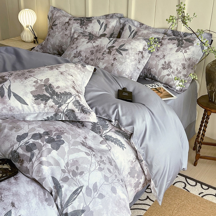 91家纺网 家纺一手货源 找家纺 梧桐树 2025新款100%全棉60S长绒棉套件 S25小雾山雨蓝