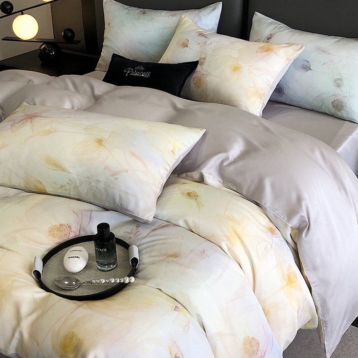 91家纺网 家纺一手货源 找家纺 立奥被业 2025年新款100%兰精天丝四件套天丝数码印花四件套 水仙灰