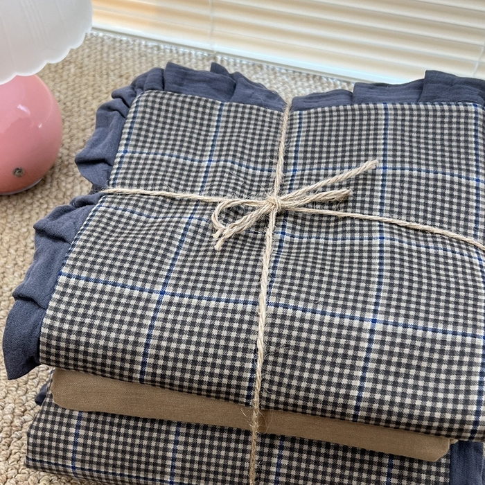 91家纺网 家纺一手货源 找家纺 荣轩 2024新款全棉印花双层纱四件套 皱皱纱花边款 指尖艺术