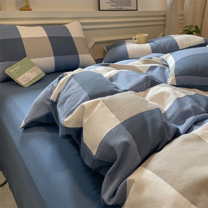 91家纺网 家纺一手货源 找家纺 盛秋家纺 2025新款水洗棉格子系列四件套 蓝大格+宾利蓝