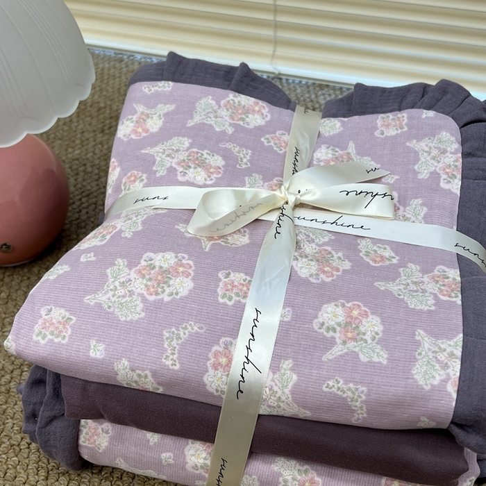 91家纺网 家纺一手货源 找家纺 荣轩 2024新款全棉印花双层纱四件套 皱皱纱花边款 喜乐