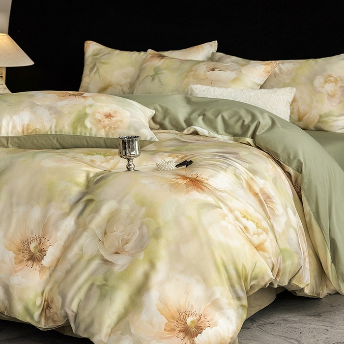 91家纺网 家纺一手货源 找家纺 立奥被业 2025新款60S数码印花四件套四件套 微澜-绿