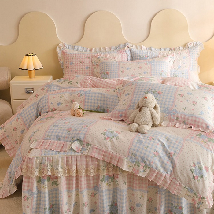 91家纺网 家纺一手货源 找家纺 美达家纺 2025新款全棉印花床裙四件套 悦动心妍