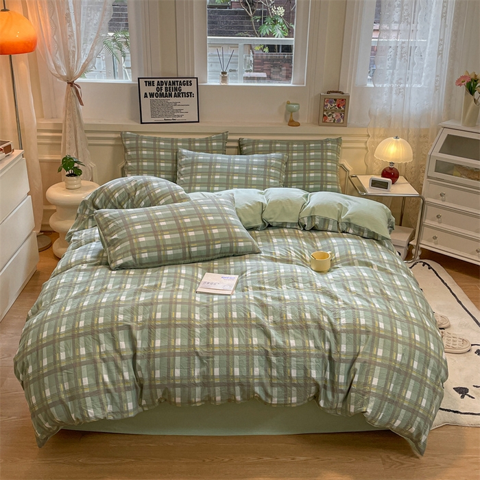 91家纺网 家纺一手货源 找家纺 盛秋家纺 2025新款水洗棉格子系列四件套 伯曼+灰绿